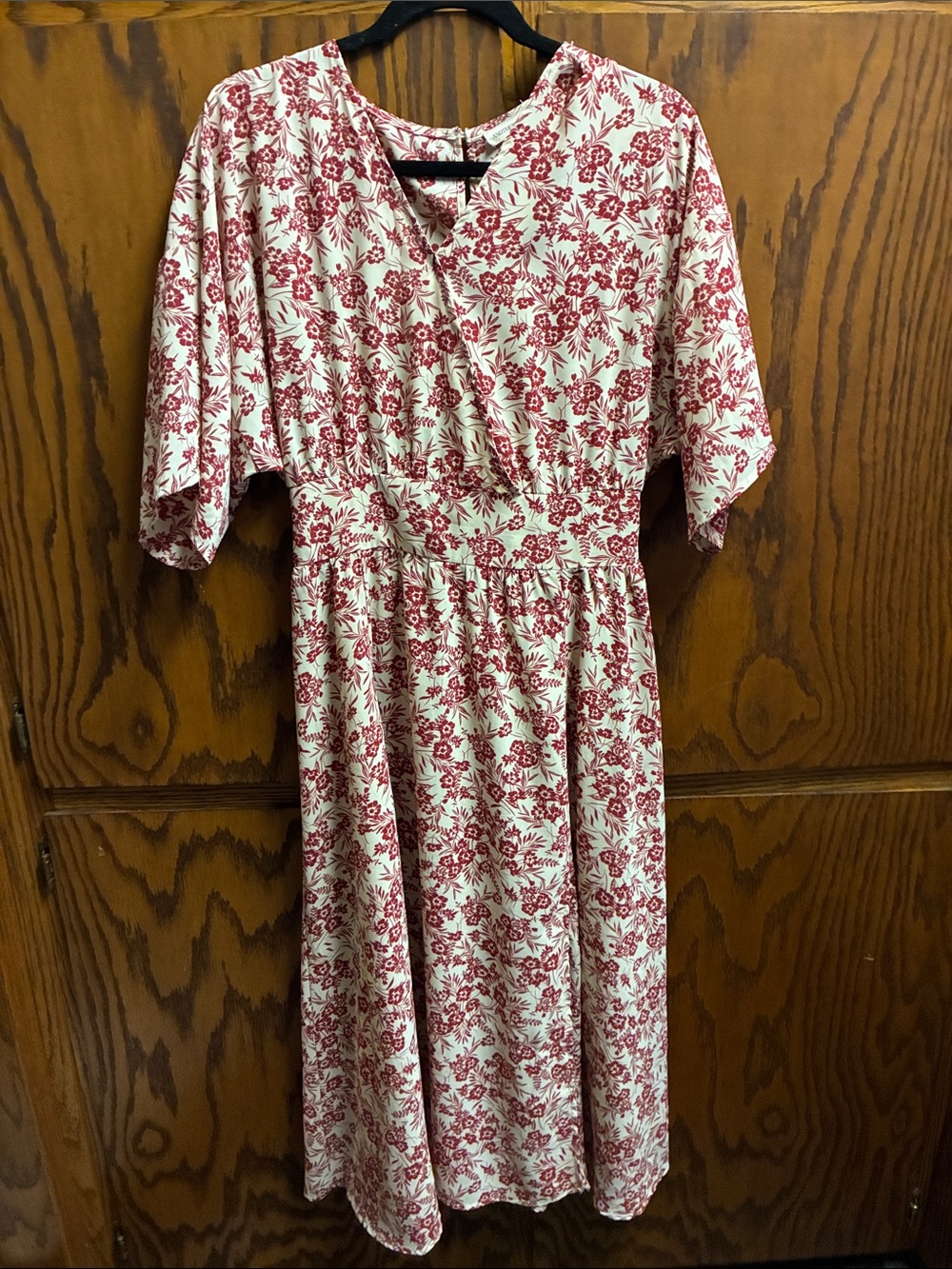 Wrap-Style Midi Dress in Cream with Red Floral Print